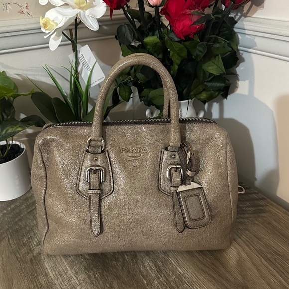 Authentic Prada Brown Cervo Lux Nudo Sparkle Leather Boston Bag. - Picture 1 of 16